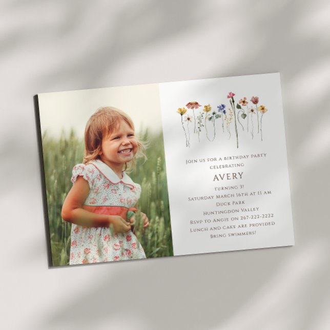 Colourful Wildflowers Photo Kids Birthday Party Invitation (Creator Uploaded)