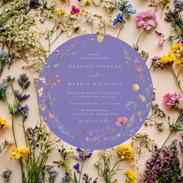 Colourful Wildflowers Purple Round Circle Wedding Invitation (Creator Uploaded)