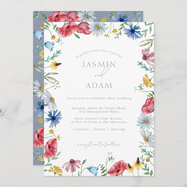 Colourful Wildflowers Red Blue Monogram Wedding Invitation (Front/Back)
