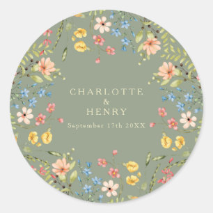 Colourful Wildflowers Sage Garden Wedding  Classic Round Sticker