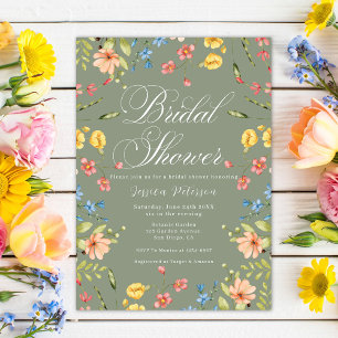 Colourful Wildflowers Sage Green Bridal Shower  Invitation