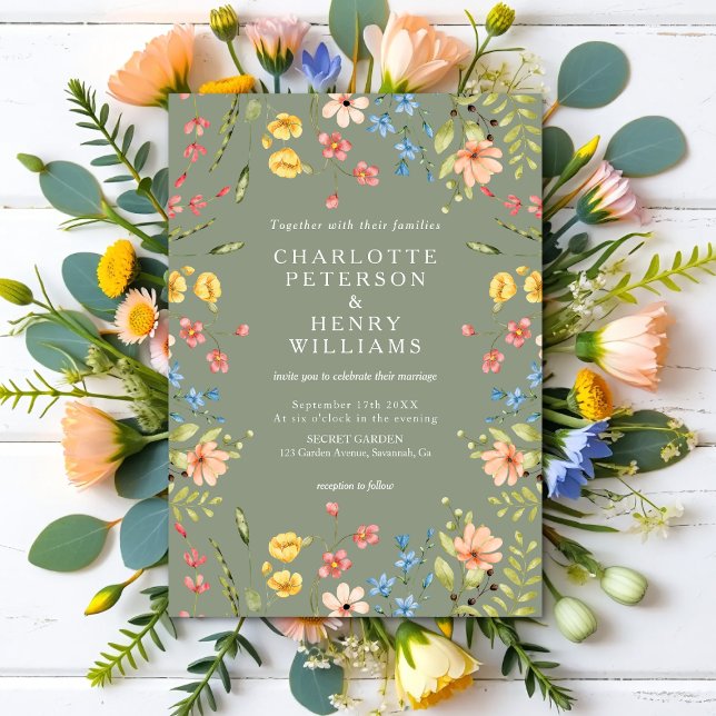 Colourful Wildflowers Sage Green Garden Wedding  Invitation (Creator Uploaded)