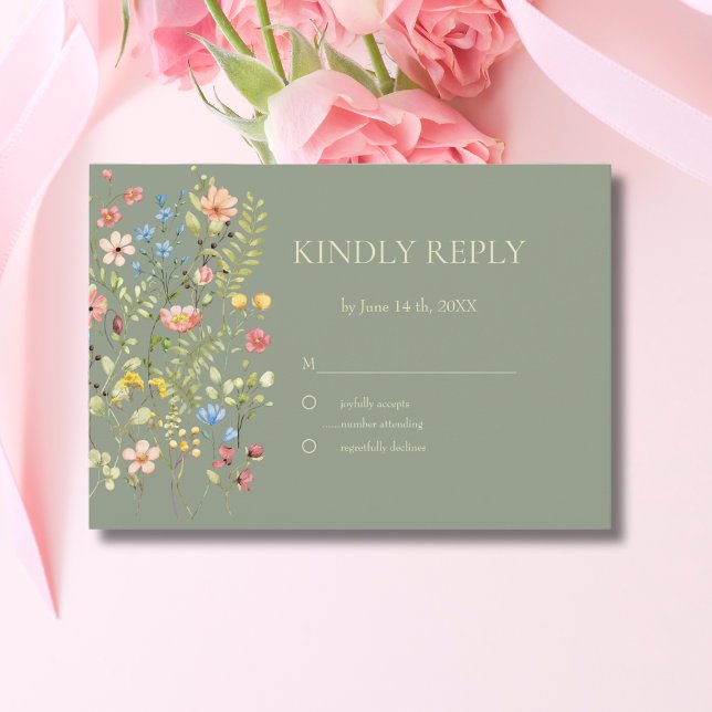 Colourful Wildflowers  Sage & Yellow Wedding  RSVP Card (Creator Uploaded)