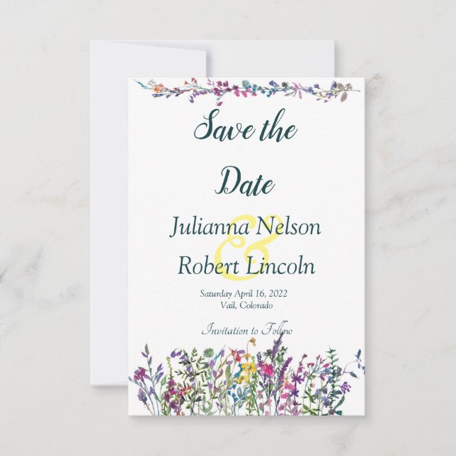 Colourful wildflowers save the date invitation (Front)