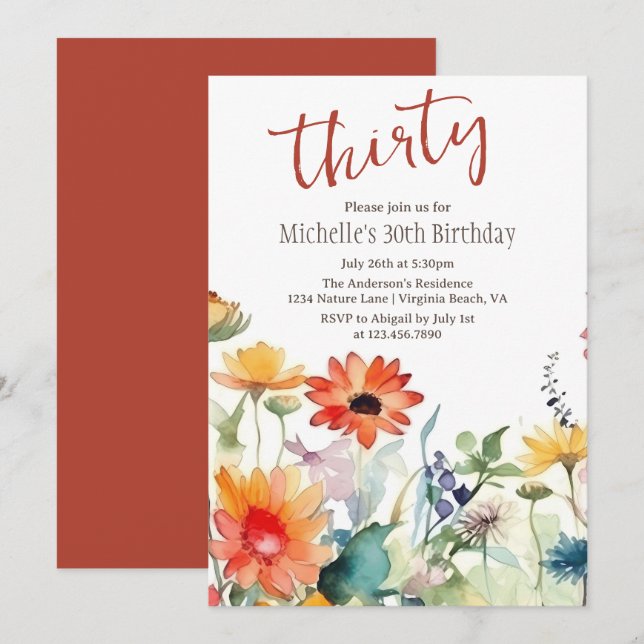 Colourful Wildflowers Vibrant Flowers 30th Birthda Invitation (Front/Back)