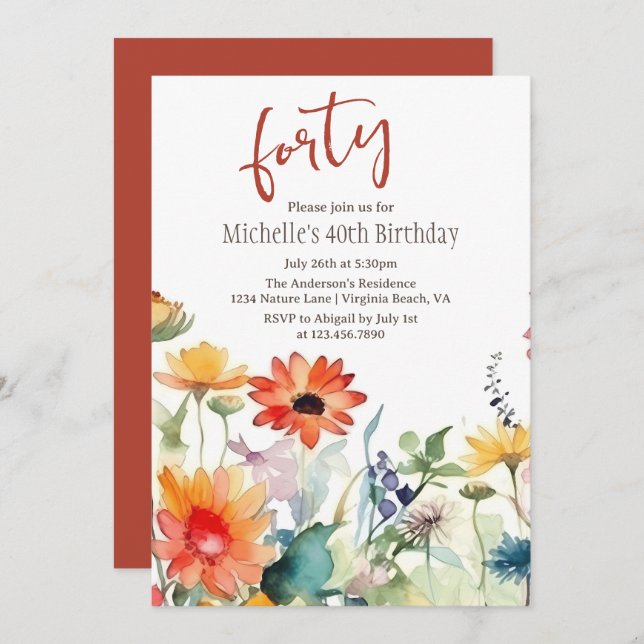 Colourful Wildflowers Vibrant Flowers 40th Birthda Invitation (Front/Back)