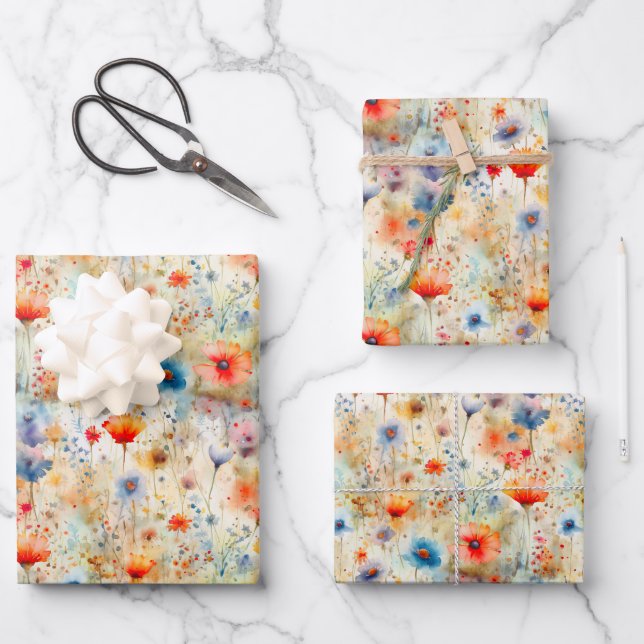 Colourful Wildflowers Watercolor Painted Pattern Wrapping Paper Sheet (Front)