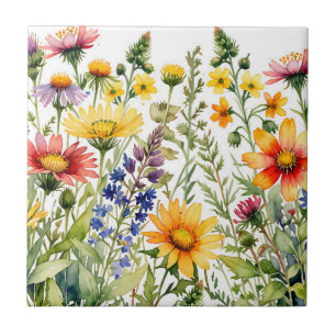 Colourful wildflowers watercolor painting tile