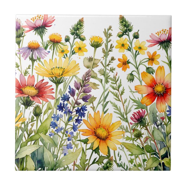 Colourful wildflowers watercolor painting tile (Front)