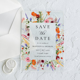 Colourful Wildflowers Wedding Save the Date Acrylic Invitations