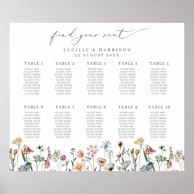 Colourful Wildflowers Wedding Seating Plan Poster (Front)
