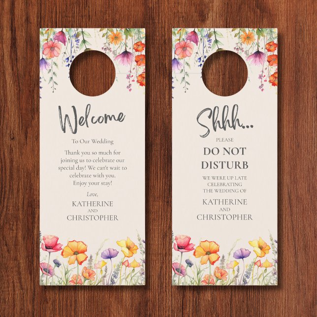 Colourful Wildflowers Wedding Shhh Do Not Disturb Door Hanger (Colorful Wildflowers Wedding Shhh Door Hanger with Welcome Message, pink, orange, purple flowers.)