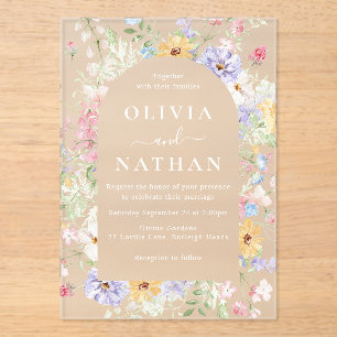 Colourful Wildflowers Wreath Wedding Frosted Acrylic Invitations