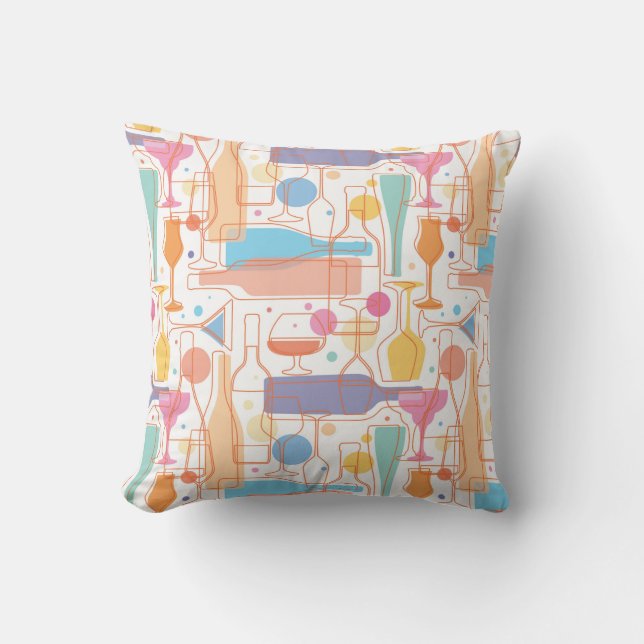 Colourful Wine Bottles and Glasses Pattern Cushion (Front)