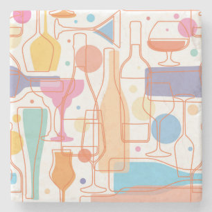 Colourful Wine Bottles and Glasses Pattern Stone Coaster