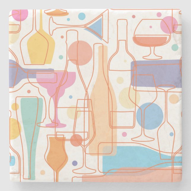 Colourful Wine Bottles and Glasses Pattern Stone Coaster (Front)