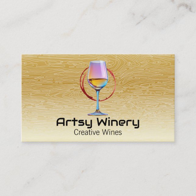 Colourful Wine Glass | Wood Grain Pattern Business Card (Front)