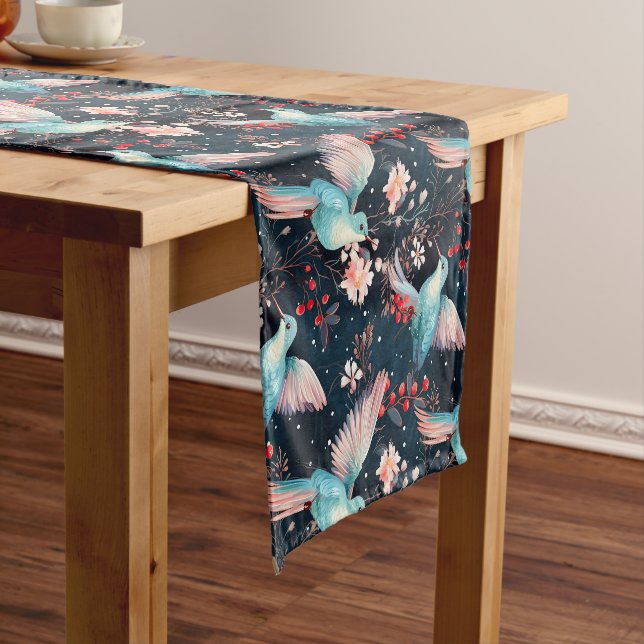 Colourful Winter Hummingbirds & Flowers Pattern Short Table Runner (In Situ)