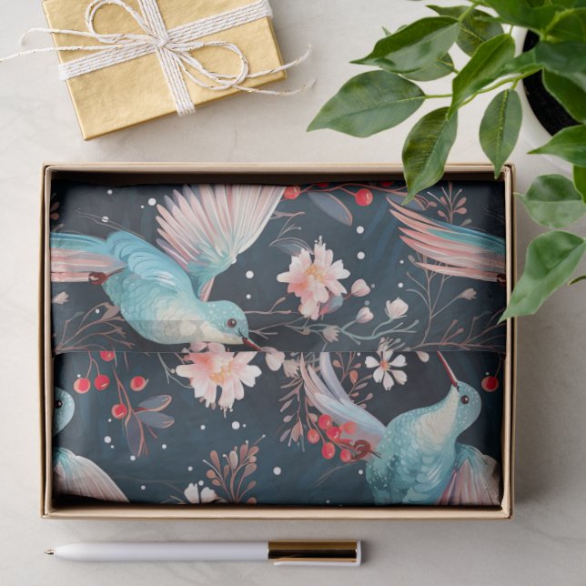 Colourful Winter Hummingbirds & Flowers Pattern Tissue Paper (Gift)