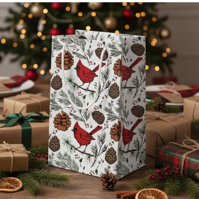 Colourful Winter Perched Red Cardinal & Pine Cones Small Gift Bag (Elegant Winter Red Cardinal Bird, Pine, Pinecones, Xmas Red Berries Rustic Christmas White Pattern)