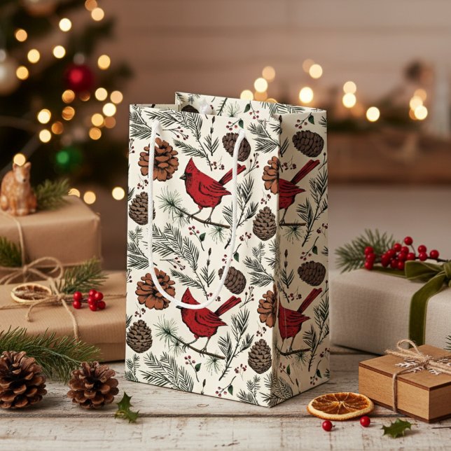 Colourful Winter Perched Red Cardinal & Pine Cones Small Gift Bag (Winter Cardinals Xmas Gift Bags. Red Cardinal Bird, Pinecone & Berries Pattern Christmas Gift Wrap)