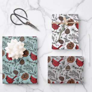 Colourful Winter Perched Red Cardinal & Pine Cones Wrapping Paper Sheet
