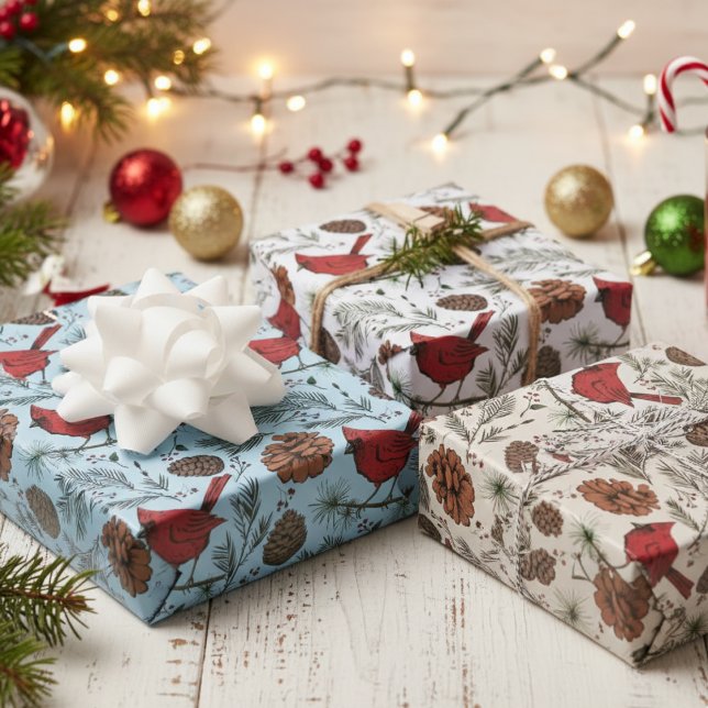 Colourful Winter Perched Red Cardinal & Pine Cones Wrapping Paper Sheet (Winter Red Cardinal Bird Christmas Wrapping Paper for the Holiday Season. Red Bird on Pine Pattern)