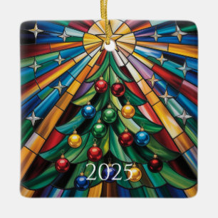 Colourful Winter Wonderland Stained Glass Design Ceramic Ornament