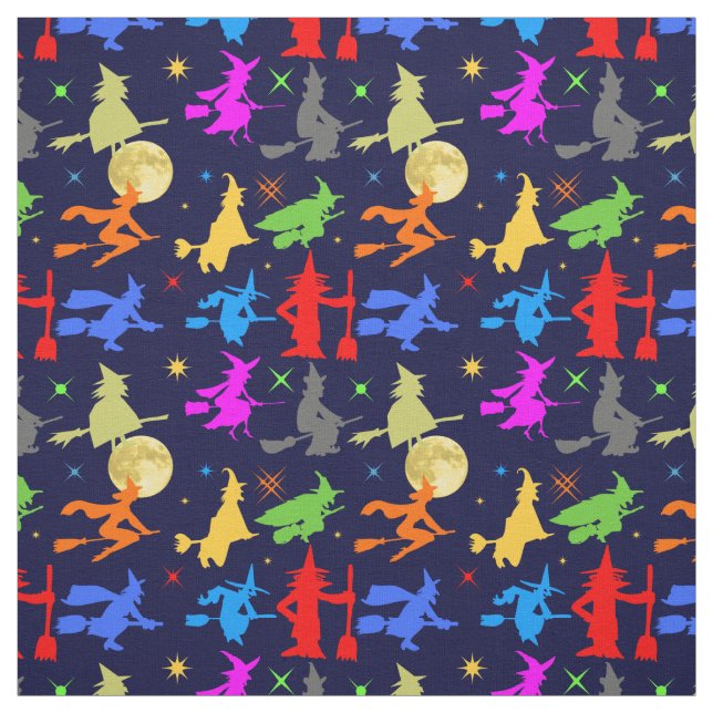 Colourful Witches Fly At Night Halloween Pattern Fabric (Swatch)