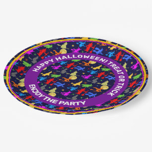 Colourful Witches Fly At Night Halloween Pattern Paper Plate
