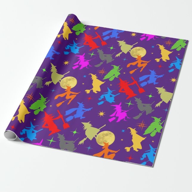 Colourful Witches In Flight. Halloween Pattern Wrapping Paper (Unrolled)