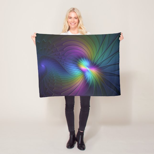 Colourful With Blue Modern Abstract Fractal Art Fleece Blanket (In Situ)