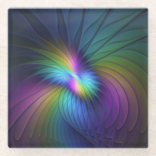 Colourful With Blue Modern Abstract Fractal Art Glass Coaster