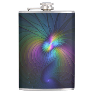 Colourful With Blue Modern Abstract Fractal Art Hip Flask