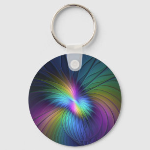 Colourful With Blue Modern Abstract Fractal Art Key Ring