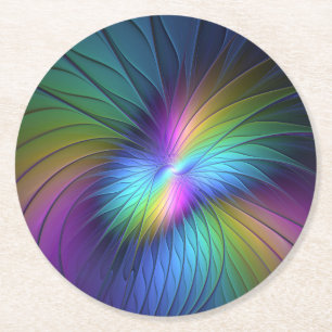Colourful With Blue Modern Abstract Fractal Art Round Paper Coaster