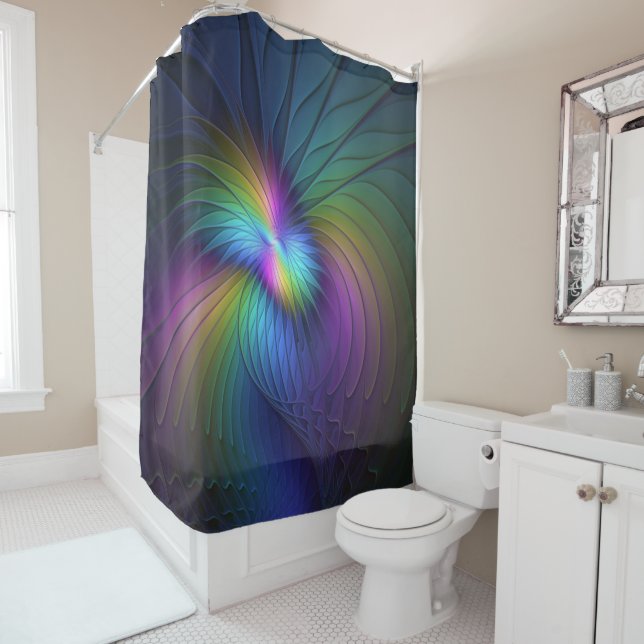 Colourful With Blue Modern Abstract Fractal Art Shower Curtain (In Situ)