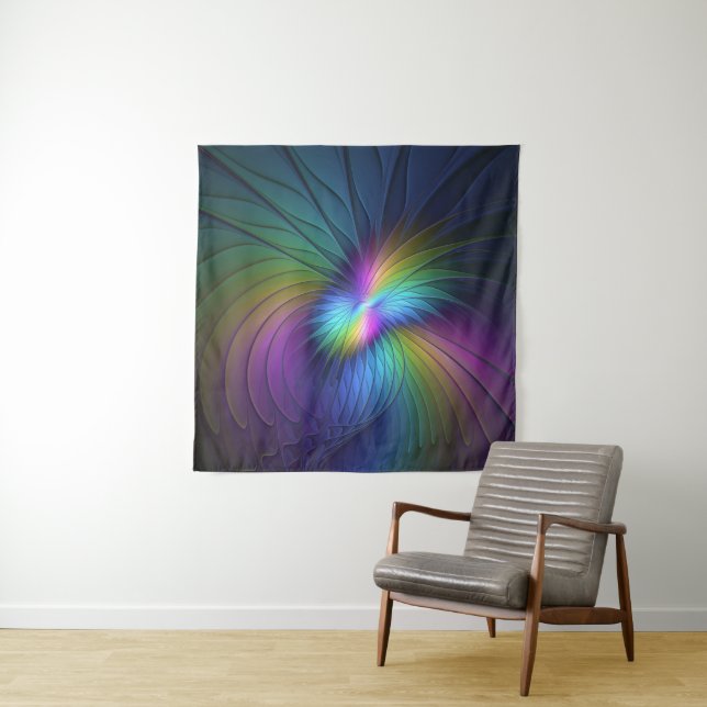 Colourful With Blue Modern Abstract Fractal Art Tapestry (In Situ)
