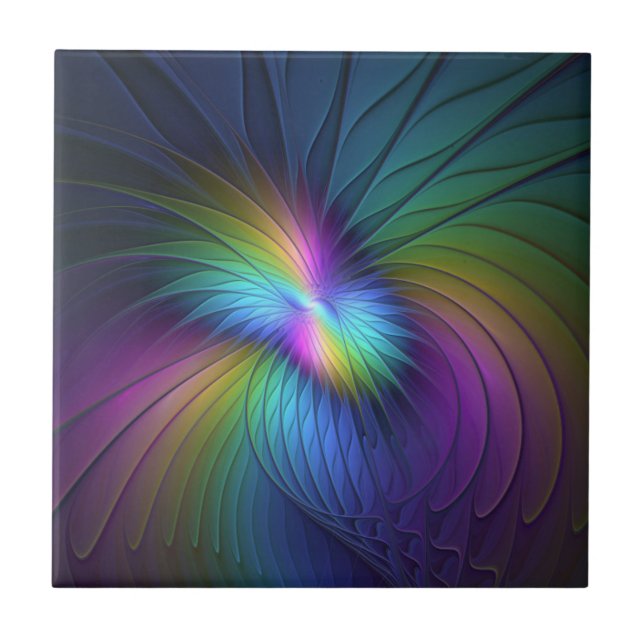 Colourful With Blue Modern Abstract Fractal Art Tile (Front)