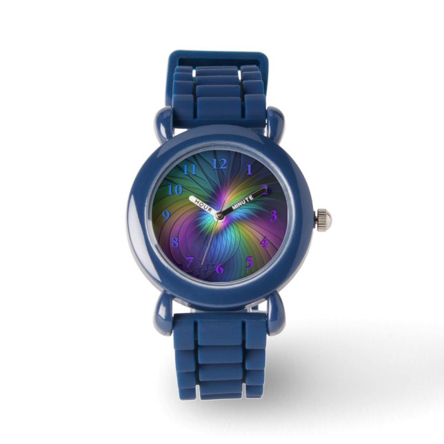 Colourful With Blue Modern Abstract Fractal Art Watch (Front)