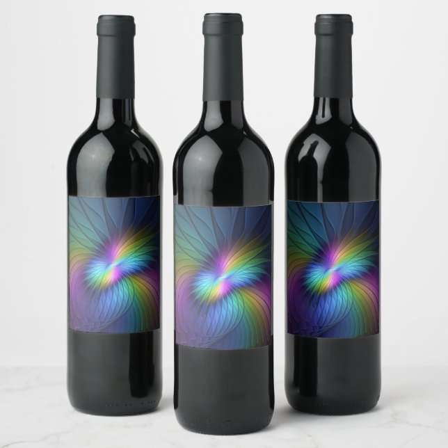 Colourful With Blue Modern Abstract Fractal Art Wine Label (Bottles)