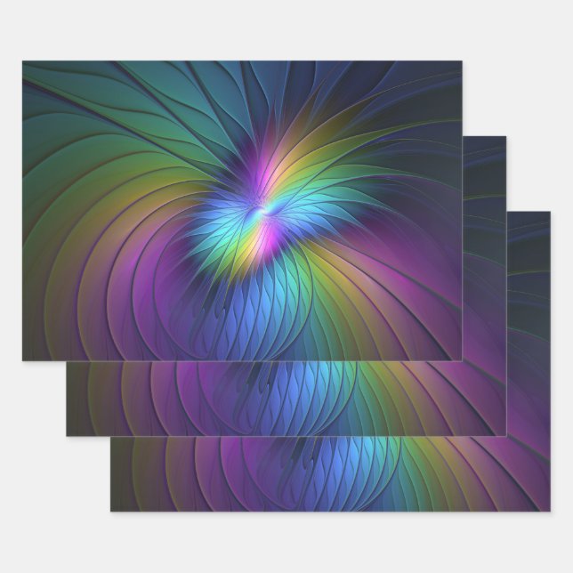 Colourful With Blue Modern Abstract Fractal Art Wrapping Paper Sheet (Set)