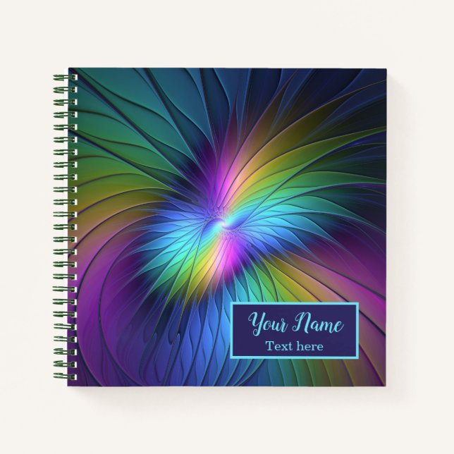 Colourful With Blue Modern Abstract Fractal Name Notebook (Front)