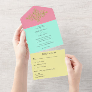 Colourful with Gold Wedding All In One Invitation