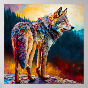 Colourful Wolf Abstract painting Cabin Art Poster