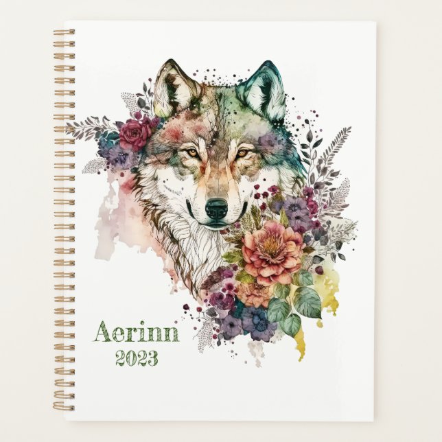 Colourful Wolf and Florals Watercolor in Nature Planner (Front)