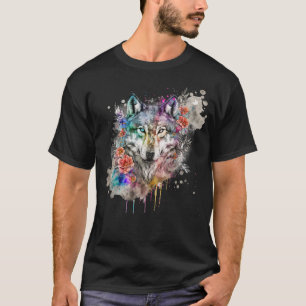 Colourful Wolf and Florals Watercolor in Nature T-Shirt