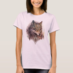 Colourful Wolf and Florals Watercolor in Nature T-Shirt