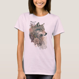 Colourful Wolf and Florals Watercolor in Nature T-Shirt