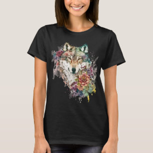Colourful Wolf and Florals Watercolor in Nature T-Shirt